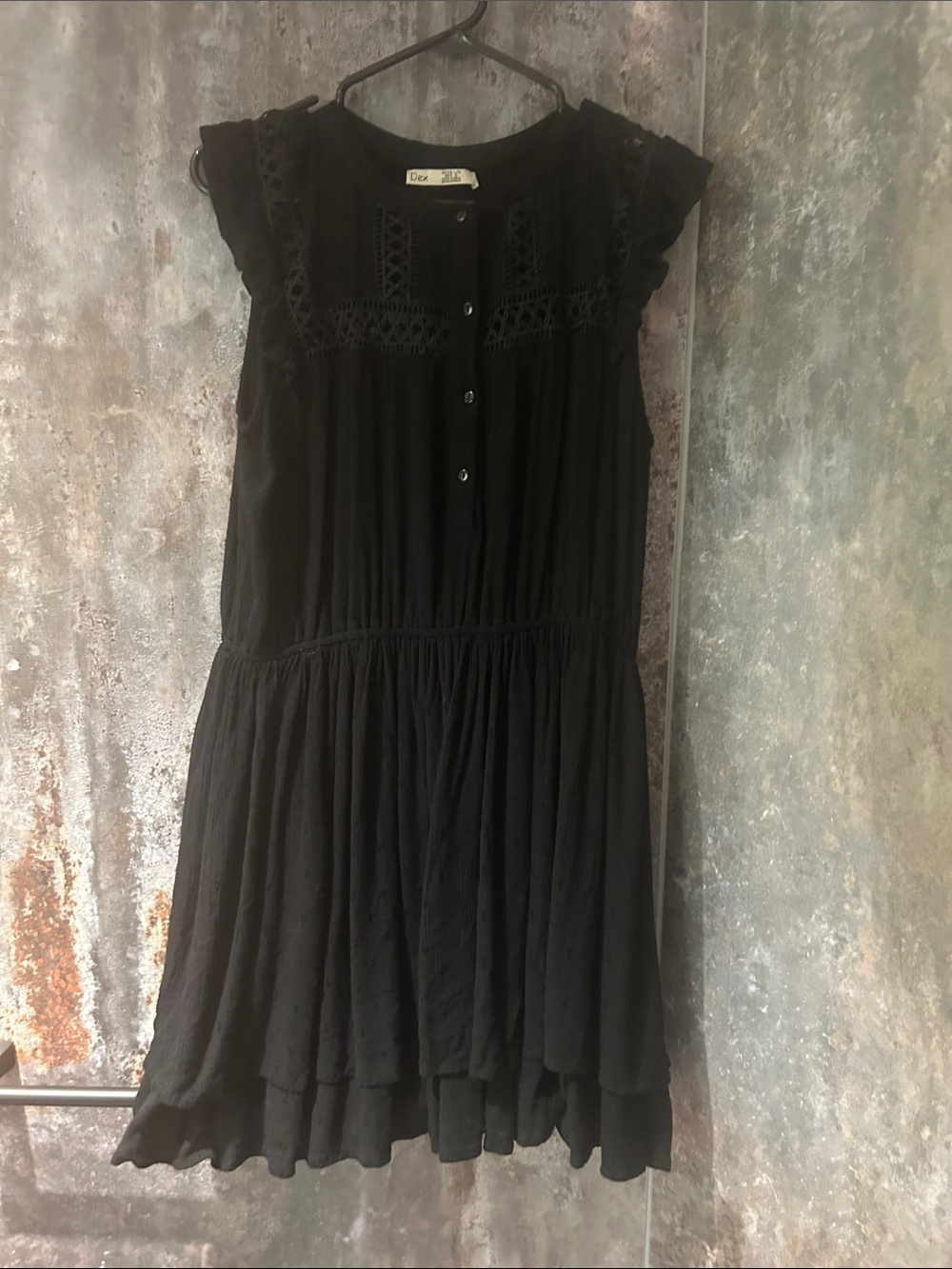 Dex Black Crochet-Yoke Flutter Sleeve Mini Dress